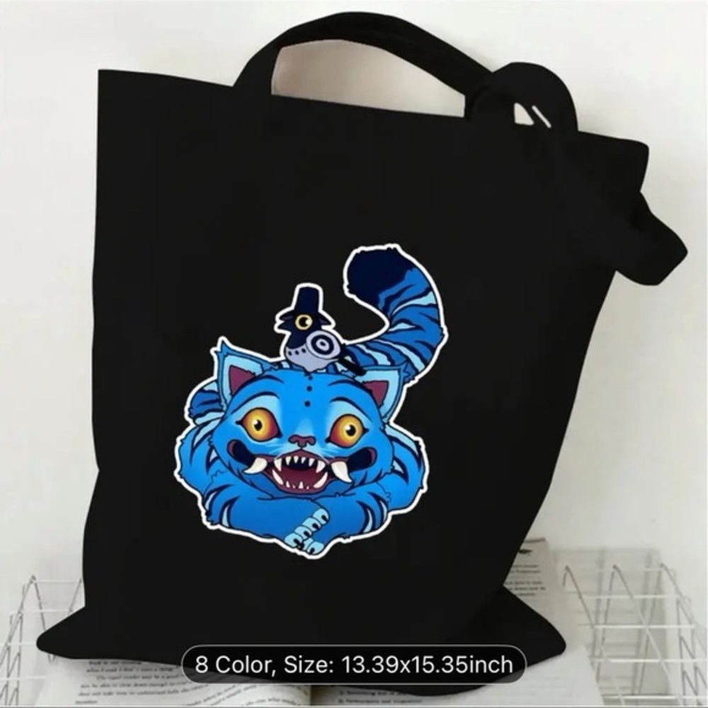 Black Tote Bag KPop Demon Hunters Derpy  & Sussy Blue Tiger  & Crow
